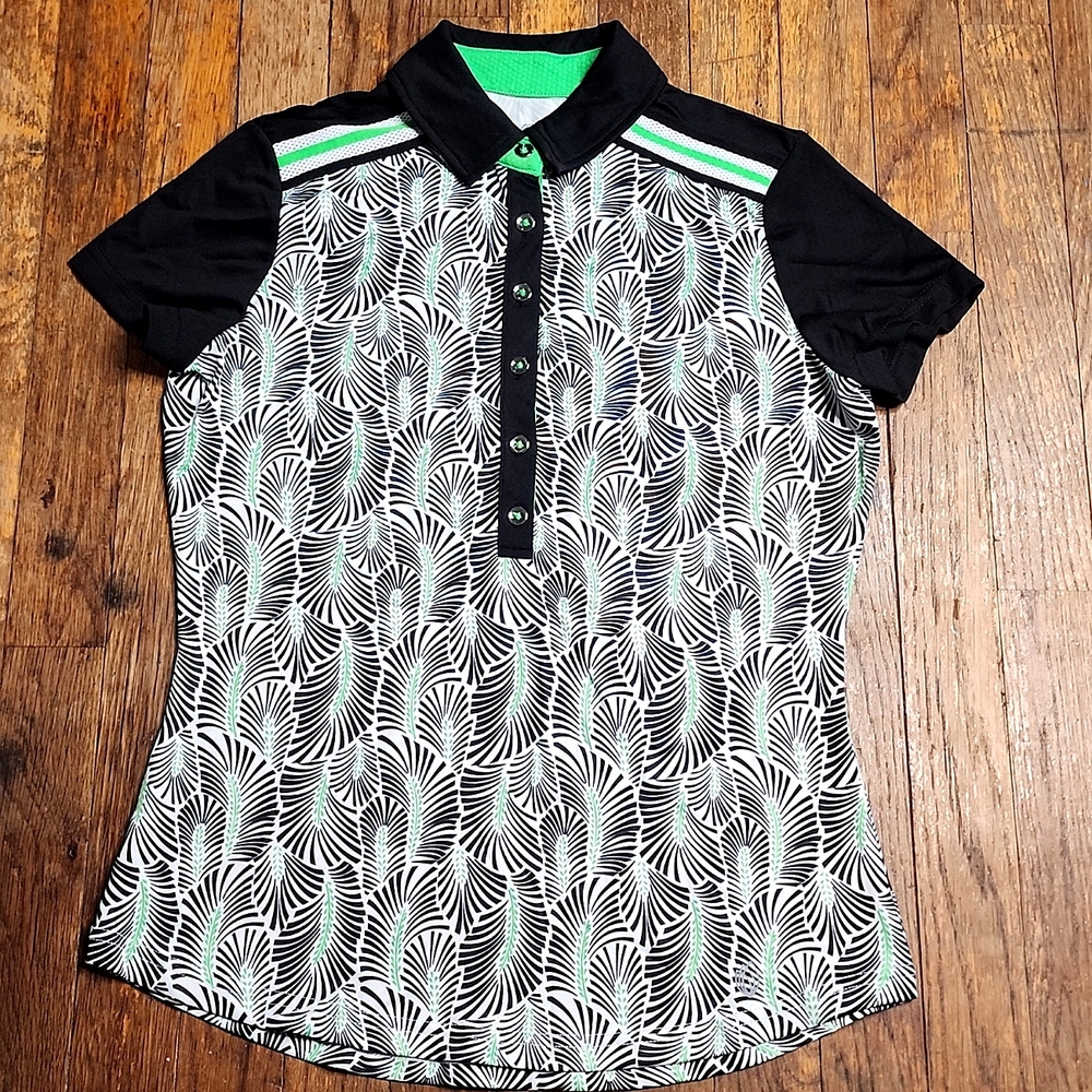 Black White Green All-Over Palm Print Short Sleeve Polo Shirt